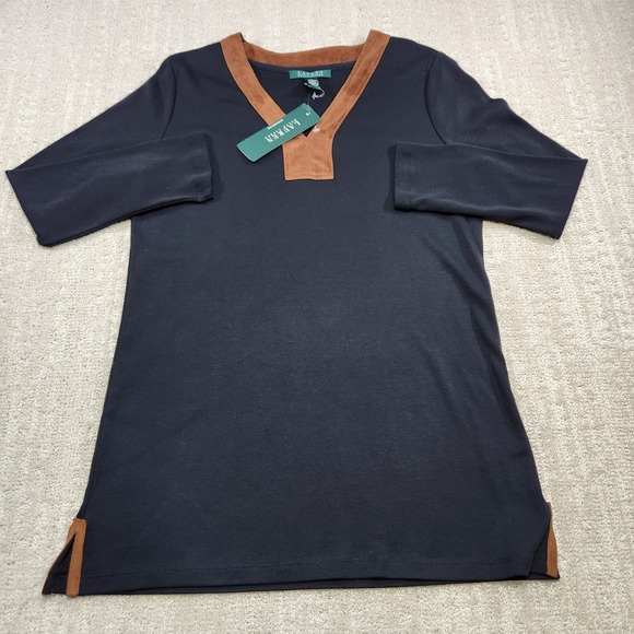 Ralph Lauren Shirt Womens Medium Black V-Neck Top Faux Suede Brown Trim NEW - Picture 2 of 8
